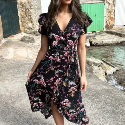 Bloemen Jurk Midi Print Zwart -Exporteren Dames Glam Winkel Bloemen Jurk Midi Print Zwart 3 586x900 1