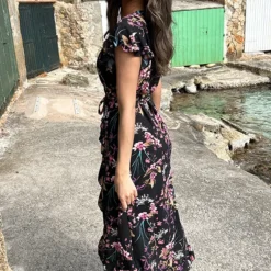 Bloemen Jurk Midi Print Zwart -Exporteren Dames Glam Winkel Bloemen Jurk Midi Print Zwart 4 586x900 1