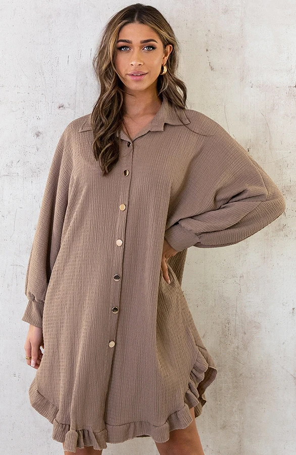 Blouse Jurk Oversized Taupe 2 Blouse Jurk Oversized Taupe - Afbeelding 2