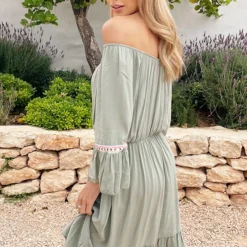 Boho Off Shoulder Jurk Army -Exporteren Dames Glam Winkel Boho Off Shoulder Jurk Army 2 586x900 1