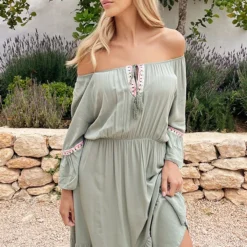 Boho Off Shoulder Jurk Army