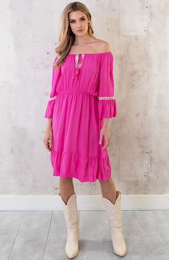 Boho Off Shoulder Jurk Fuchsia 7 Boho Off Shoulder Jurk Fuchsia - Afbeelding 7