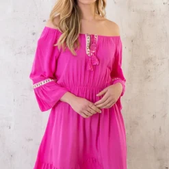 Boho Off Shoulder Jurk Fuchsia