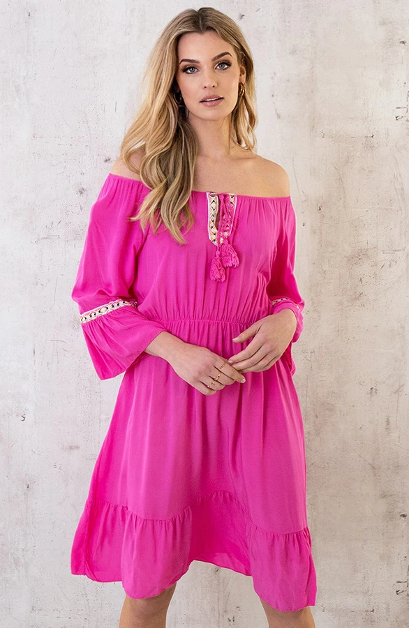 Boho Off Shoulder Jurk Fuchsia 1 Boho Off Shoulder Jurk Fuchsia