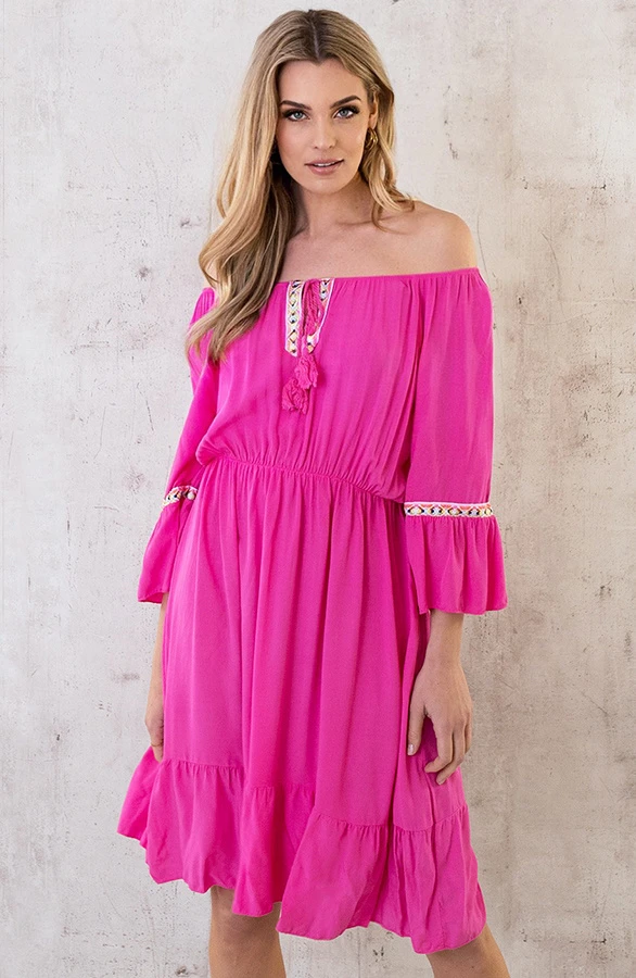 Boho Off Shoulder Jurk Fuchsia 2 Boho Off Shoulder Jurk Fuchsia - Afbeelding 2