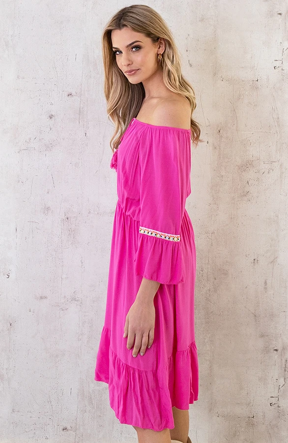 Boho Off Shoulder Jurk Fuchsia 5 Boho Off Shoulder Jurk Fuchsia - Afbeelding 5