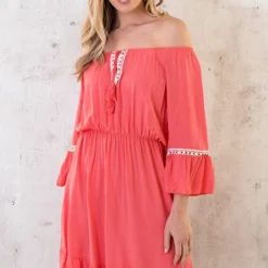 Boho Off Shoulder Jurk Koraal -Exporteren Dames Glam Winkel Boho Off Shoulder Jurk Koraal 3 586x900 1