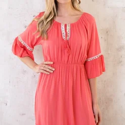 Boho Off Shoulder Jurk Koraal -Exporteren Dames Glam Winkel Boho Off Shoulder Jurk Koraal 7 586x900 1