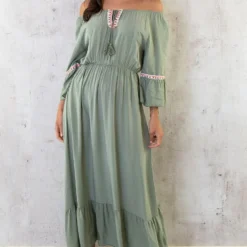 Boho Off Shoulder Maxi Jurk Army