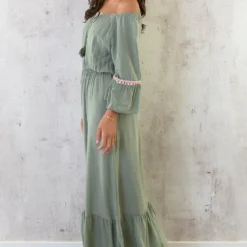 Boho Off Shoulder Maxi Jurk Army -Exporteren Dames Glam Winkel Boho Off Shoulder Maxi Jurk Army 4 586x900 1