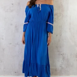 Boho Off Shoulder Maxi Jurk Kobalt -Exporteren Dames Glam Winkel Boho Off Shoulder Maxi Jurk Kobalt 4 586x900 1