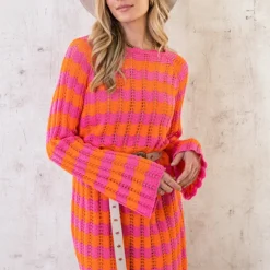 Crochet Strepen Jurk Roze Oranje -Exporteren Dames Glam Winkel Crochet Strepen Jurk Roze Oranje 1 586x900 1