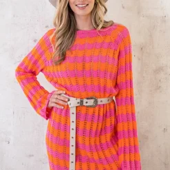 Crochet Strepen Jurk Roze Oranje -Exporteren Dames Glam Winkel Crochet Strepen Jurk Roze Oranje 4 586x900 1