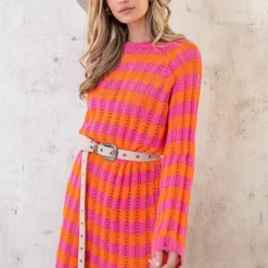 Crochet Strepen Jurk Roze Oranje -Exporteren Dames Glam Winkel Crochet Strepen Jurk Roze Oranje 5 586x900 1