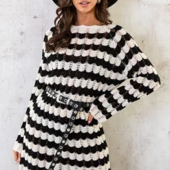 Crochet Strepen Jurk Zwart Ecru -Exporteren Dames Glam Winkel Crochet Strepen Jurk Zwart Ecru 2 1 586x900 1