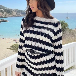 Crochet Strepen Jurk Zwart Ecru