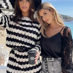 Crochet Strepen Jurk Zwart Ecru -Exporteren Dames Glam Winkel Crochet Strepen Jurk Zwart Ecru Kanten Kimono Boho Zwart 2 586x900 1