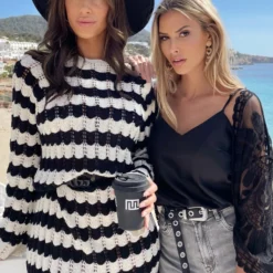 Crochet Strepen Jurk Zwart Ecru -Exporteren Dames Glam Winkel Crochet Strepen Jurk Zwart Ecru Kanten Kimono Boho Zwart 5 586x900 1