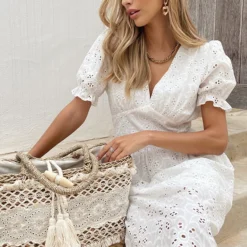 Embroidery Midi Jurk Pofmouwen Ecru