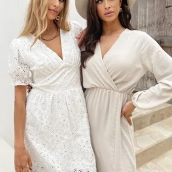 Maxi Jurk Split Beige -Exporteren Dames Glam Winkel Embroidery Midi Jurk Pofmouwen Ecru Maxi Jurk Split Beige 1 586x900 1