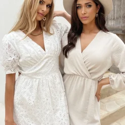 Embroidery Midi Jurk Pofmouwen Ecru -Exporteren Dames Glam Winkel Embroidery Midi Jurk Pofmouwen Ecru Maxi Jurk Split Beige 6 586x900 2