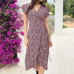 Flower Jurk Midi Koraal -Exporteren Dames Glam Winkel Flower Jurk Midi Koraal 1 586x900 1