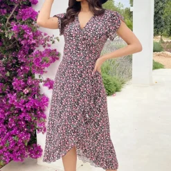 Flower Jurk Midi Koraal -Exporteren Dames Glam Winkel Flower Jurk Midi Koraal 2 586x900 1