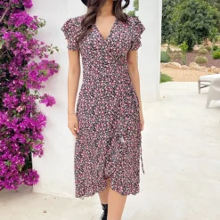 Flower Jurk Midi Koraal -Exporteren Dames Glam Winkel Flower Jurk Midi Koraal 3 586x900 1