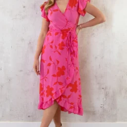 Flower Jurk Midi Roze Rood