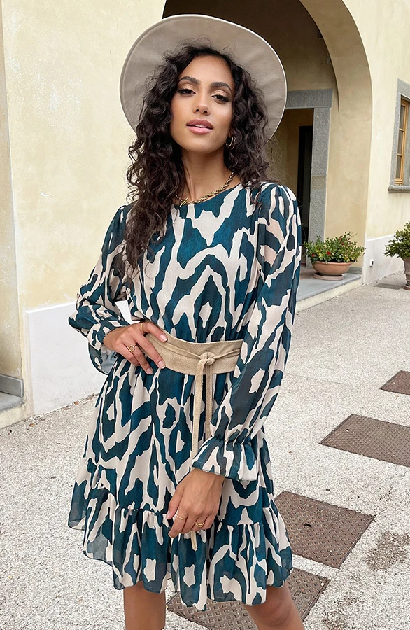 Ruffle Jurk Print Petrol Beige 4 Ruffle Jurk Print Petrol Beige - Afbeelding 4