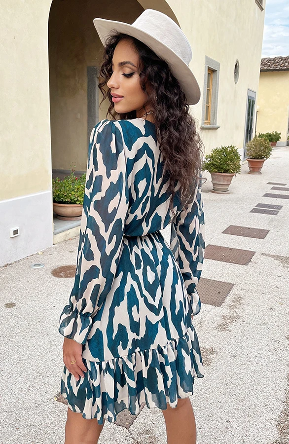 Ruffle Jurk Print Petrol Beige 5 Ruffle Jurk Print Petrol Beige - Afbeelding 5