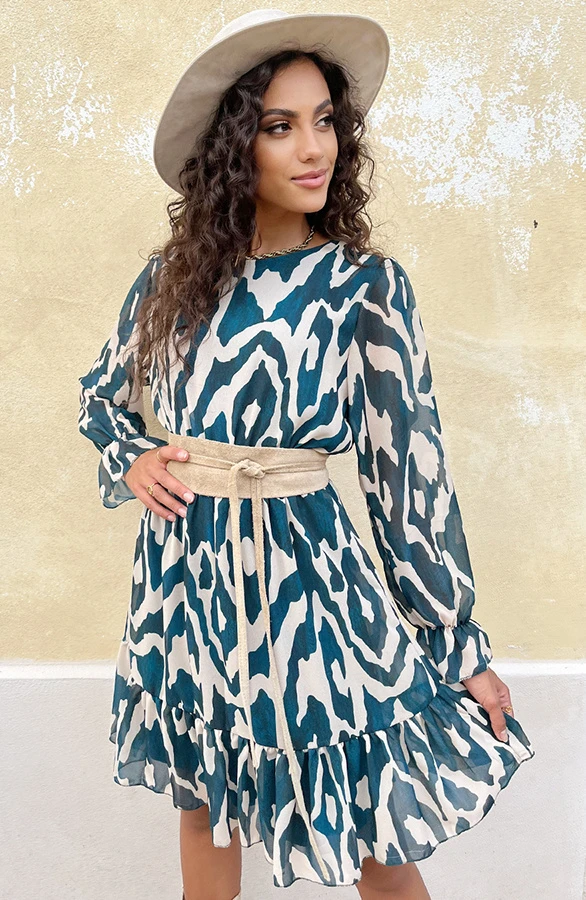 Ruffle Jurk Print Petrol Beige 1 Ruffle Jurk Print Petrol Beige