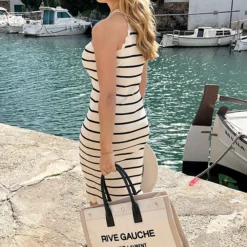 Halter Jurk Gestreept Ecru -Exporteren Dames Glam Winkel Halter Jurk Gestreept Ecru 3 586x900 1