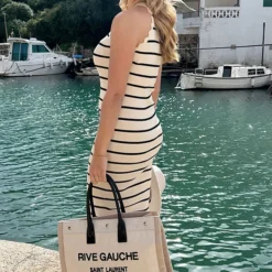 Halter Jurk Gestreept Ecru -Exporteren Dames Glam Winkel Halter Jurk Gestreept Ecru 5 586x900 1