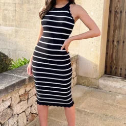 Halter Jurk Gestreept Zwart