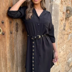 Oversized Blouse Jurk Zwart -Exporteren Dames Glam Winkel Knopen Jurk Zwart 2 586x900 3