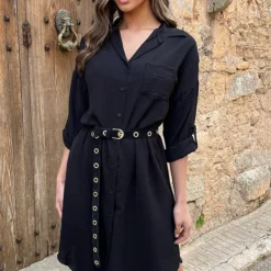 Oversized Blouse Jurk Zwart -Exporteren Dames Glam Winkel Knopen Jurk Zwart 3 586x900 3