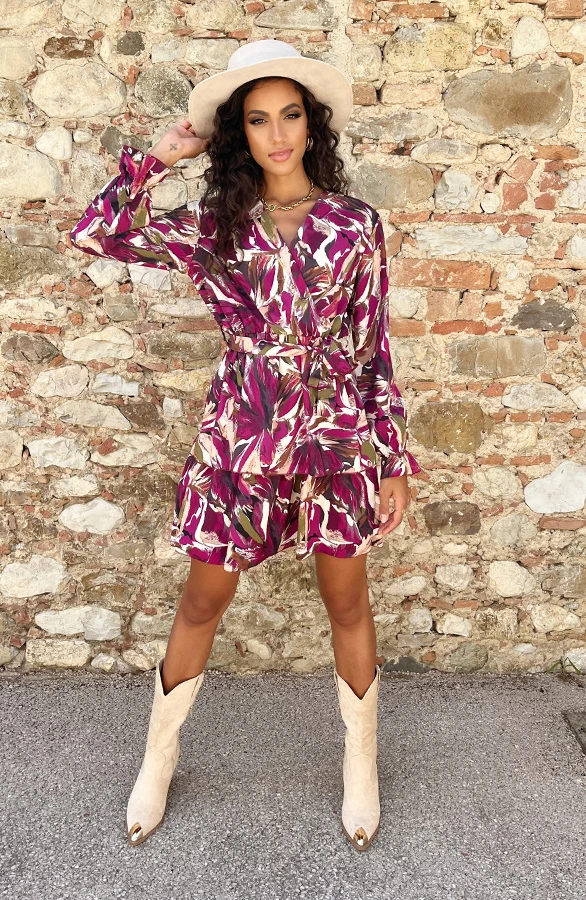 Laagjes Print Jurk Magenta 5 Laagjes Print Jurk Magenta - Afbeelding 5