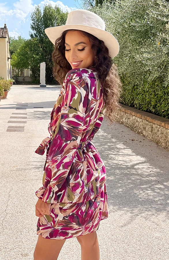 Laagjes Print Jurk Magenta 3 Laagjes Print Jurk Magenta - Afbeelding 3