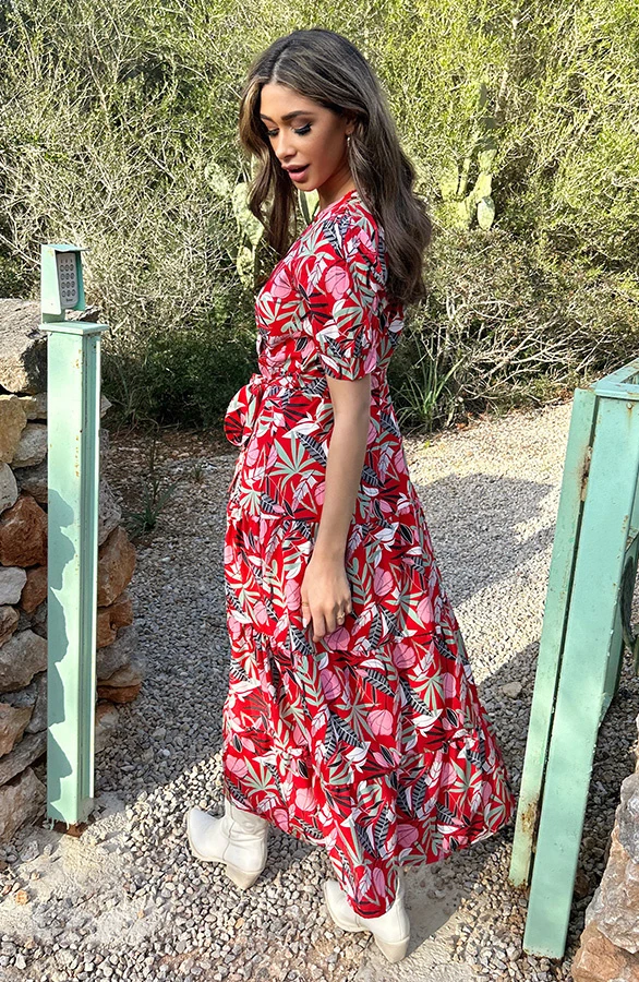 Maxi Jurk Leaves Rood Groen 3 Maxi Jurk Leaves Rood Groen - Afbeelding 3