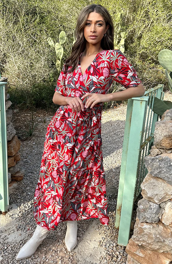 Maxi Jurk Leaves Rood Groen 2 Maxi Jurk Leaves Rood Groen - Afbeelding 2