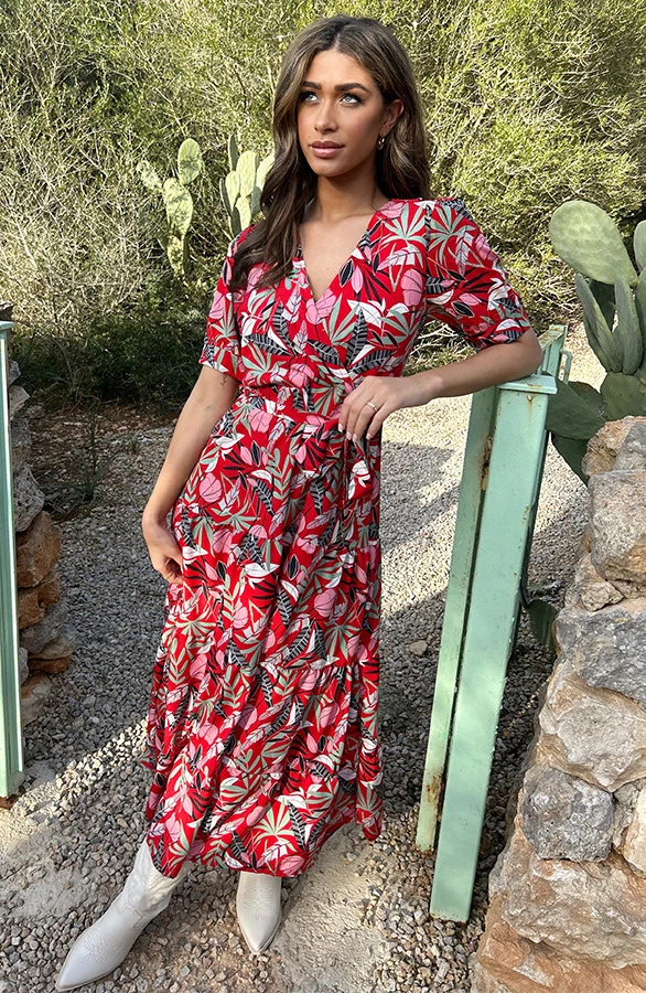 Maxi Jurk Leaves Rood Groen 1 Maxi Jurk Leaves Rood Groen