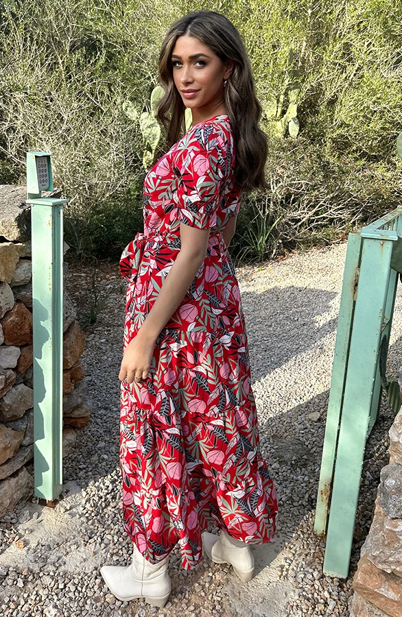 Maxi Jurk Leaves Rood Groen 4 Maxi Jurk Leaves Rood Groen - Afbeelding 4