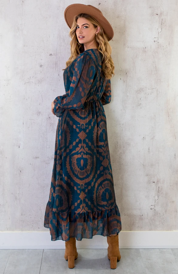 Maxi Ruffle Jurk Print Bruin Petrol 6 Maxi Ruffle Jurk Print Bruin Petrol - Afbeelding 6