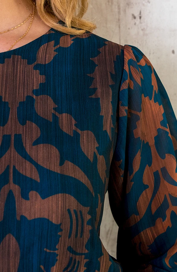 Maxi Ruffle Jurk Print Bruin Petrol 7 Maxi Ruffle Jurk Print Bruin Petrol - Afbeelding 7