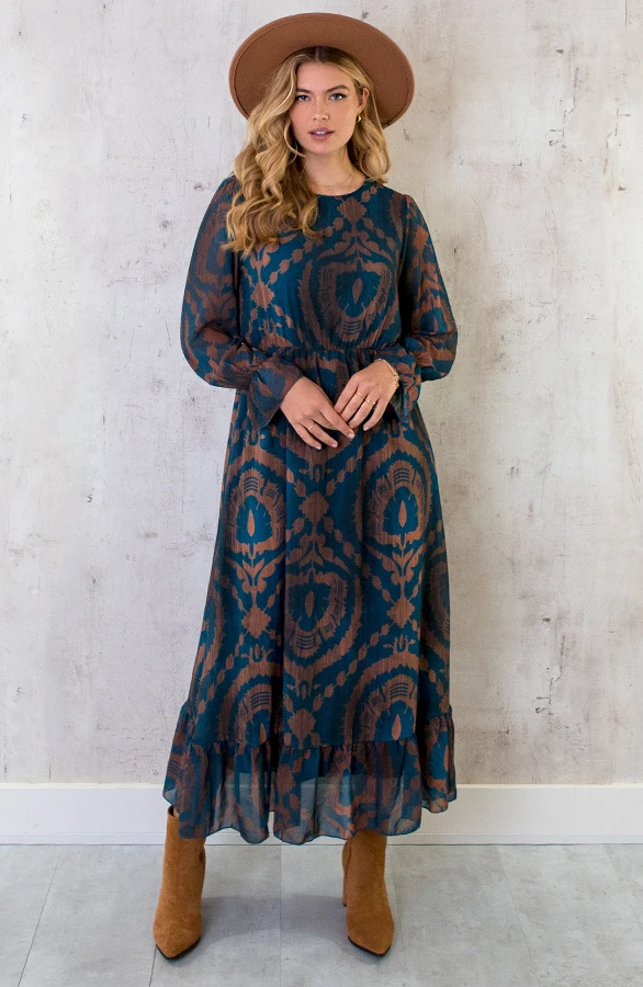 Maxi Ruffle Jurk Print Bruin Petrol 1 Maxi Ruffle Jurk Print Bruin Petrol