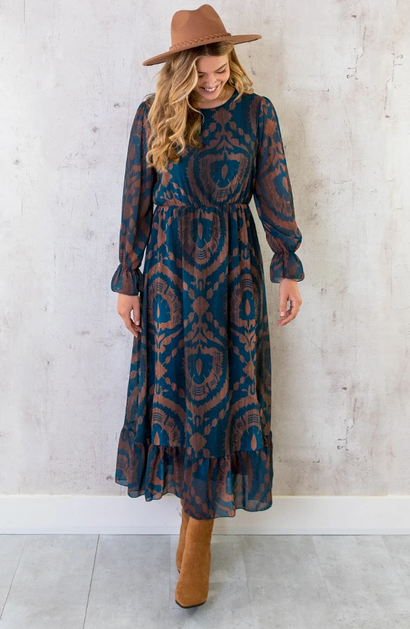 Maxi Ruffle Jurk Print Bruin Petrol 4 Maxi Ruffle Jurk Print Bruin Petrol - Afbeelding 4