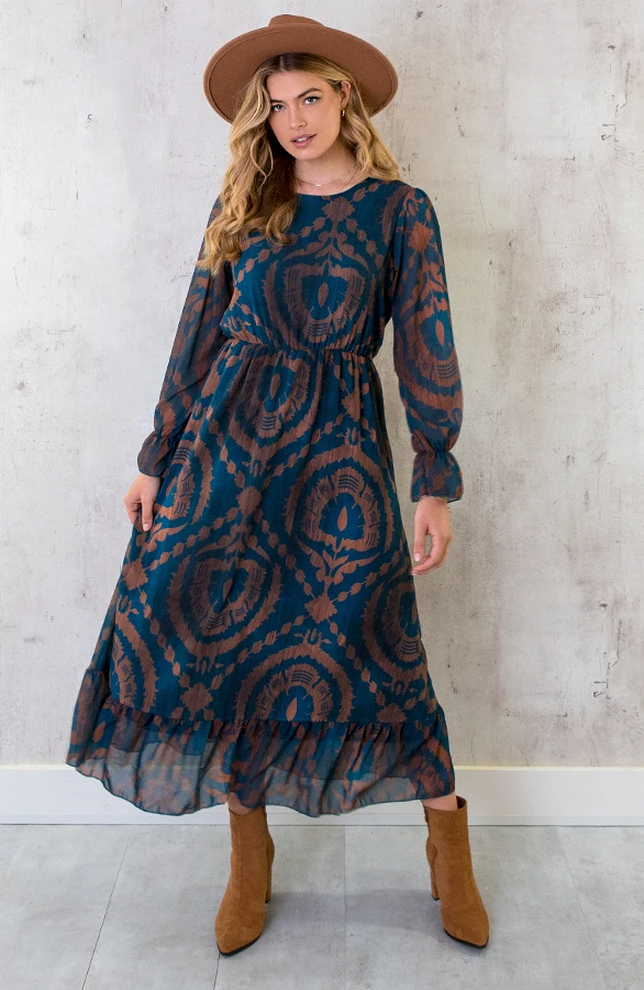 Maxi Ruffle Jurk Print Bruin Petrol 2 Maxi Ruffle Jurk Print Bruin Petrol - Afbeelding 2