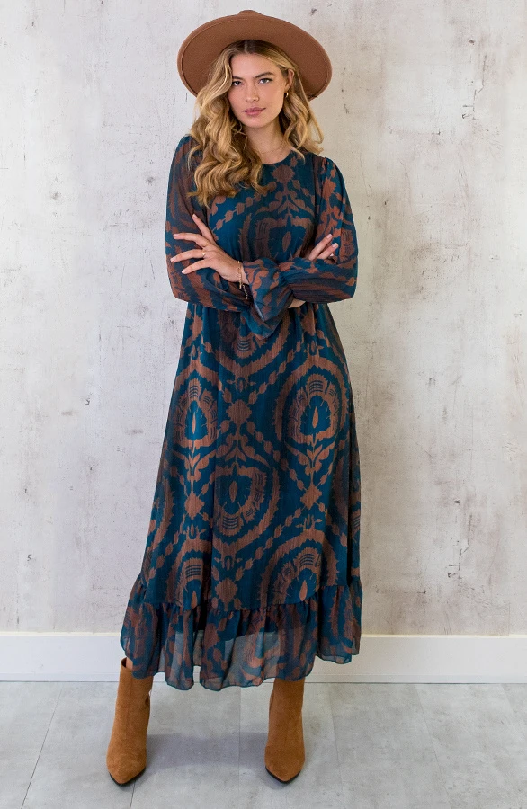 Maxi Ruffle Jurk Print Bruin Petrol 3 Maxi Ruffle Jurk Print Bruin Petrol - Afbeelding 3