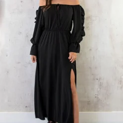 Maxi Off Shoulder Ruffle Jurk Zwart
